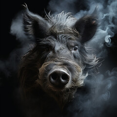 Scary background for halloween, contours of an shaggy scary wild pig head boar in smoke and fire on black, horror, nightmare