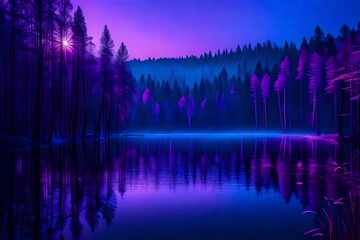 Obraz premium Enchanting cusp of sunset, where nature's beauty meets abstract artistry, a mesmerizing scene unfolds. Imagine a serene lake nestled within a dense forest, where the sky transitions 