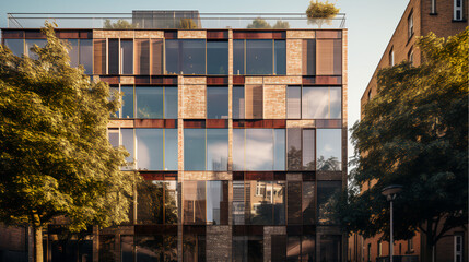 Residential apartment bloc with bricks, OMA Architecture, glass facade, facing the road in downtown London, photography, first-Person View, natural Light