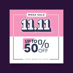 11.11 Mega Sale Poster Design up To 50% in White and Pink Background Design Template