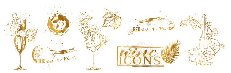 Wine icons for wine events. Sketch vector illustration. Hand drawn elements for invitation cards, advertising banner and menu cards. Splashing wine.