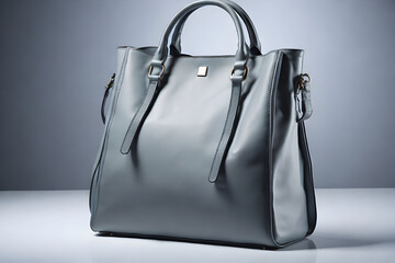 A modern, stylish gray handbag with a smooth texture, illuminated by a bright studio light. Generative AI