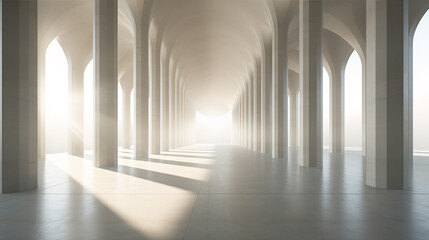 In a modern, geometric concrete building, sunlight streams through the columns of a lengthy, white hallway..