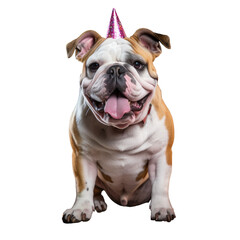 Happy bulldog celebrating 4th birthday party in studio transparent background