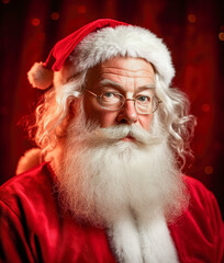 Naklejka premium Photo of happy Santa Claus in eyeglasses looking at camera