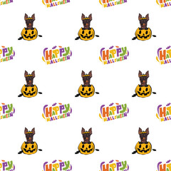 Happy Halloween seamless pattern. Halloween pattern with Happy Halloween text and English Toy Terrier dog peeking out from the pumpkin, with paws. Colorful Calligraphy, Hand Drawn Cartoon Halloween.