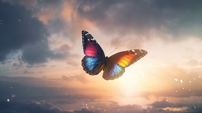 Illustration of butterflies with rainbow background
