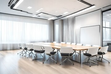 Creating a modern, stylish, and bright conference room with a white empty wall and modern furnishings in an office setting can provide an inspiring and professional environment for meetings. 