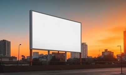 Mockup of a large white clean billboard, advertising poster placed on the street against a sunset sky