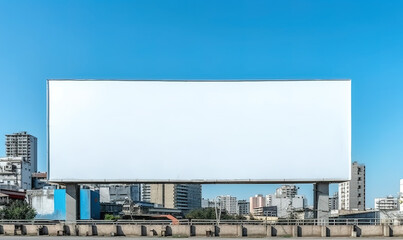 Mockup of a large white clean billboard, advertising poster placed on the street against a blue sky