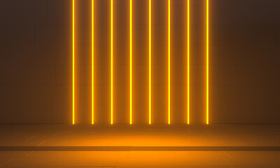 Colorful background stage with vertical luminous neon lights and podium, 3d illustration
