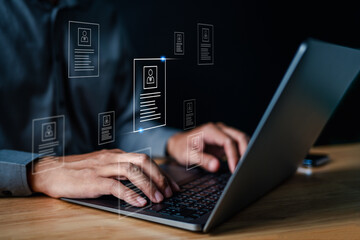 search, profile, hr, selection, background, talent, management, resource, choose, executive. typing keyboard at laptop for searching talent profile people. then select it for put the right man to job.