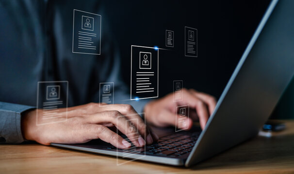 search, profile, hr, selection, background, talent, management, resource, choose, executive. typing keyboard at laptop for searching talent profile people. then select it for put the right man to job.