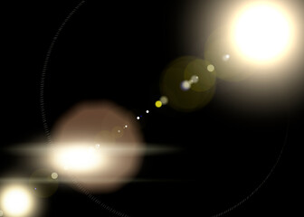 Abstract sunlights rays effect. Bright sun or laser cosmic rays, flashes and sparkle particles of light with optical lens over lay effect on empty black background. 