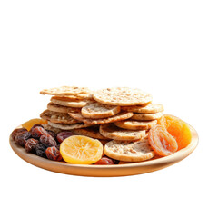 Dried fruits and digestive biscuits on ceramic transparent background Natural source of energy and fiber