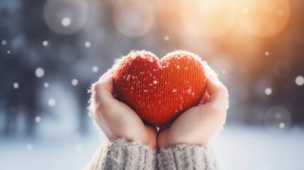 Heart of snow in female hands. Tenderness winter romantic feelings. Valentine's day background