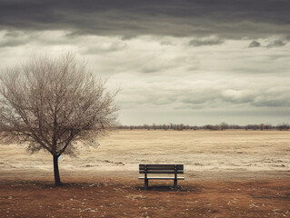 Fototapeta na wymiar A desolate park bench, surrounded by an empty landscape. The sense of melancholy, emphasizing the theme of loneliness and depression.