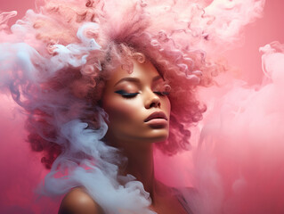 Mysterious ethnic sensual woman with bright make-up, shrouded in a background of colored smoke