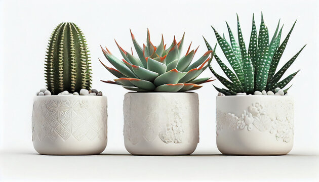 3 ceramic pots decorated with succulents on a white background, Ai generated image