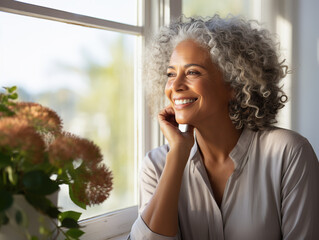 Happy african mature gray hair retired woman enjoying and looking out the window at home