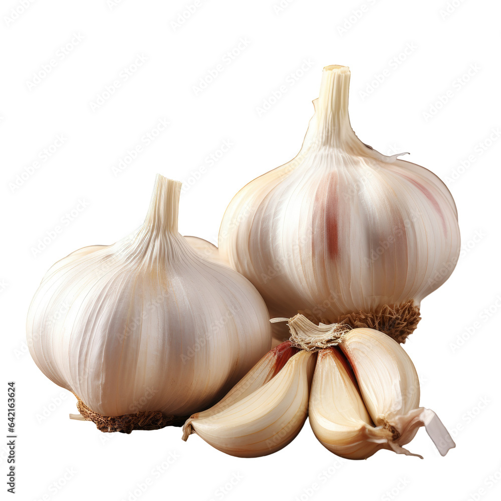 Poster Garlic cloves and bulb on rustic table transparent background