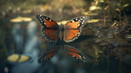 Fototapeta na wymiar Illustration of a butterfly splashed in river water