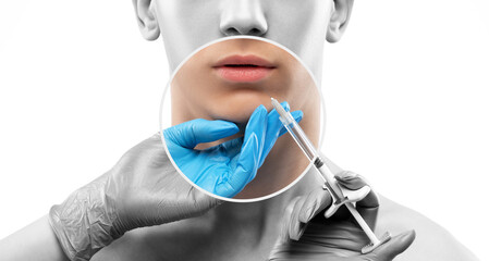 Men's cosmetology. Beautician makes a rejuvenation injection procedure on the face of a young man.