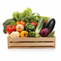 Wooden Crate with Fresh Veggies on White. Generative ai