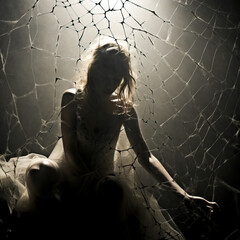 Girl or woman trapped in a web. Concept of feeling caught and mental health issues. Shallow field of view.  - obrazy, fototapety, plakaty