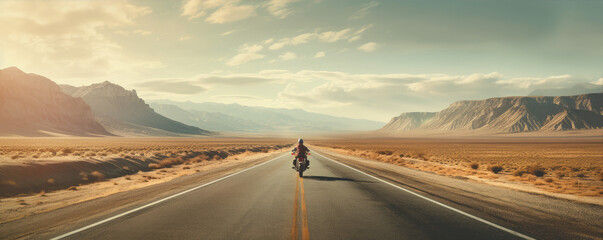 Driver riding motocycle on empty road in sunset light.  Panorama photo. - obrazy, fototapety, plakaty