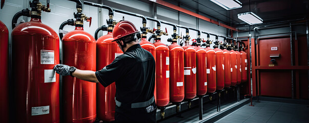 Engineer worker checking fire extinguisher. Inspection extinguishers in factory or industry.