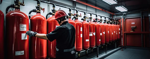 Papier Peint photo Feu Engineer worker checking fire extinguisher. Inspection extinguishers in factory or industry.
