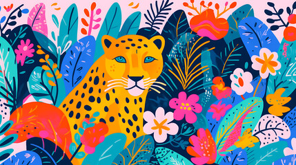 Risograph styled illustration, digital illustration showing colorful plants, flowers and wild animals in the jungle