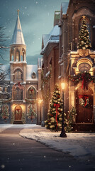 Christmas church in the snow - obrazy, fototapety, plakaty