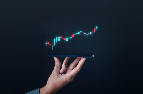 investment, graph, cryptocurrency, bitcoin, indicator, hand, investing, trader, risk, diagrams. hold smartphone via fingertips. then upper that's candlestick chart of investment cryptocurrency showing