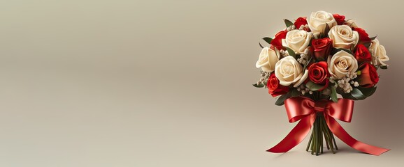 Bouquet of red and white roses tied with a ribbon on a beige background with copy space. Birthday, wedding, or Valentine day concept.