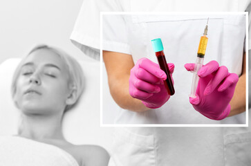 Beautician will do PRP therapy for the face against wrinkles. She has blood plasma for injections and a syringe with plasma in her test tube. Cosmetology in the beauty salon. - obrazy, fototapety, plakaty
