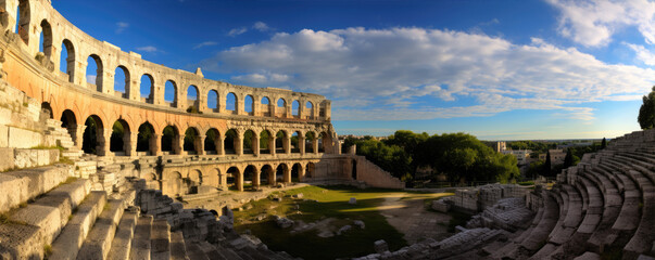 Historical amphitheater stones round building. panorama photo