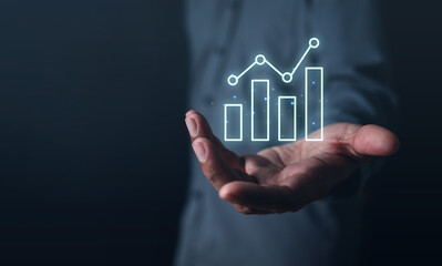 investment, graph, cryptocurrency, coin, bitcoin, indicator, hand, investing, trader, risk. close up to palm of hands has bar chart HUD show it. there chart fluctuate by prices of market and demand.