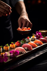 Sztuka sushi: jak szef kuchni tworzy pyszne i zdrowe dania z ryżu i ryb - obrazy, fototapety, plakaty