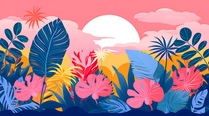Risograph styled illustration, digital illustration showing colorful plants and flowers in the jungle
