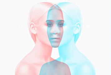 Portrait of attractive girl with healthy clean skin and beautiful make-up double color exposure. Aesthetic cosmetology and makeup concept.