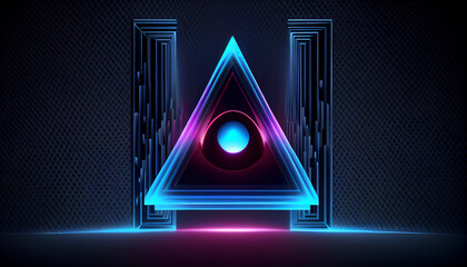 3d render, abstract background, triangle portal, glowing dots, screen pixels, neon light, virtual reality, ultraviolet spectrum, pink blue colors, laser show, Ai generated image