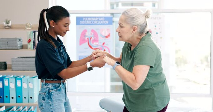 Physiotherapist, get up and helping senior woman with mobility recovery support, healthcare and healing client. Retirement clinic, medical rehabilitation and physiotherapy service for elderly patient
