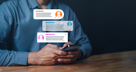 social network, conversation, message, comment, speech bubble, banner, context, communicate, discussion, chat. use smartphone to comment and chatting via social network. then speech bubble alert it.