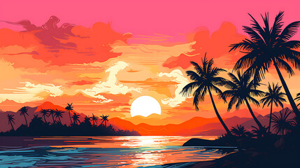Fototapeta na wymiar Risograph, digital Illustration, of a tropical island with a romantic sunset
