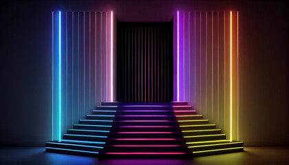 3d render, abstract background, triangle portal, glowing dots, screen pixels, neon light, virtual reality, ultraviolet spectrum, pink blue colors, laser show, Ai generated image