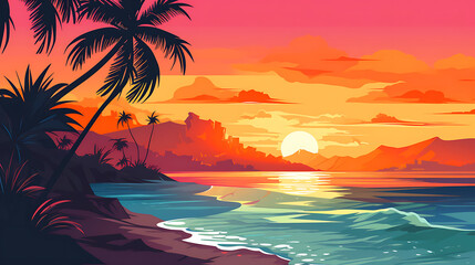 Fototapeta na wymiar Risograph, digital Illustration, of a tropical island with a romantic sunset