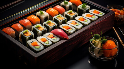 Sushi w drewnianej skrzynce: jak podać sushi w tradycyjnym stylu japońskim - obrazy, fototapety, plakaty