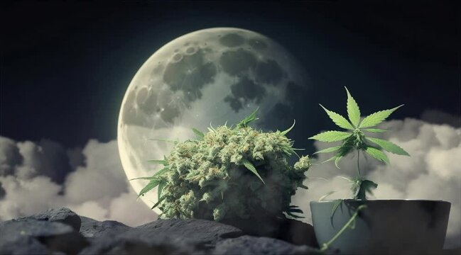 weed pot cannabis and moon marijuana leaf, smoke, cloud animation.